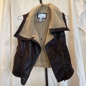 Bar III Dark Brown Faux Leather Vest with Cream Shearling